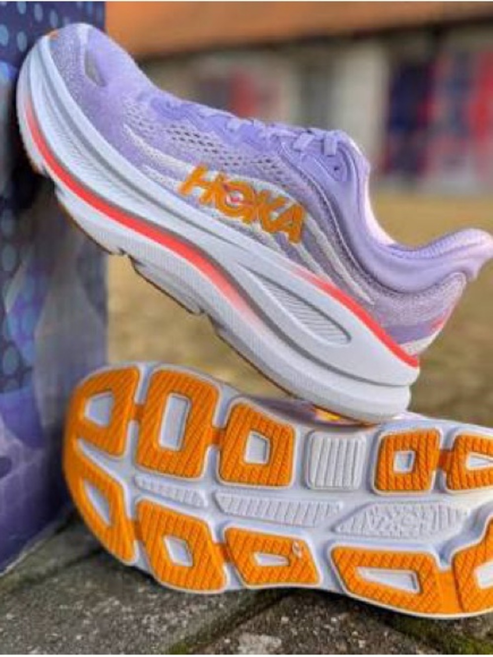 HOKA Womens Bondi 9 Lavender Sneakers with Orange Accents | W7.5 fits like 8/8.5